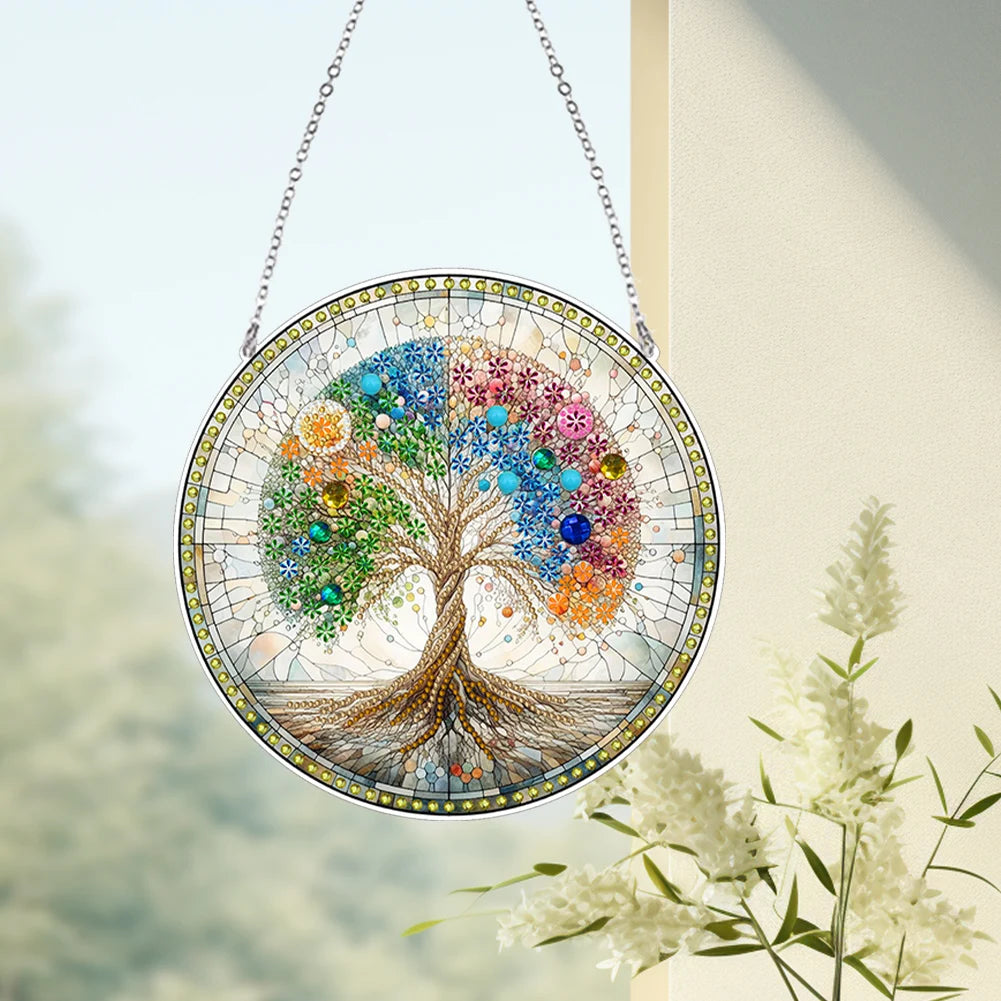 Suncatcher Diamond Painting Art Pendant Owl and Flower Diamond Art Hanging Stained Glass