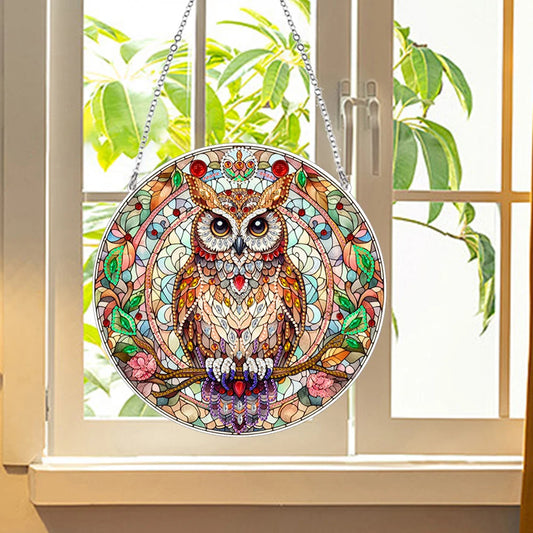 Suncatcher Diamond Painting Art Pendant Owl and Flower Diamond Art Hanging Stained Glass