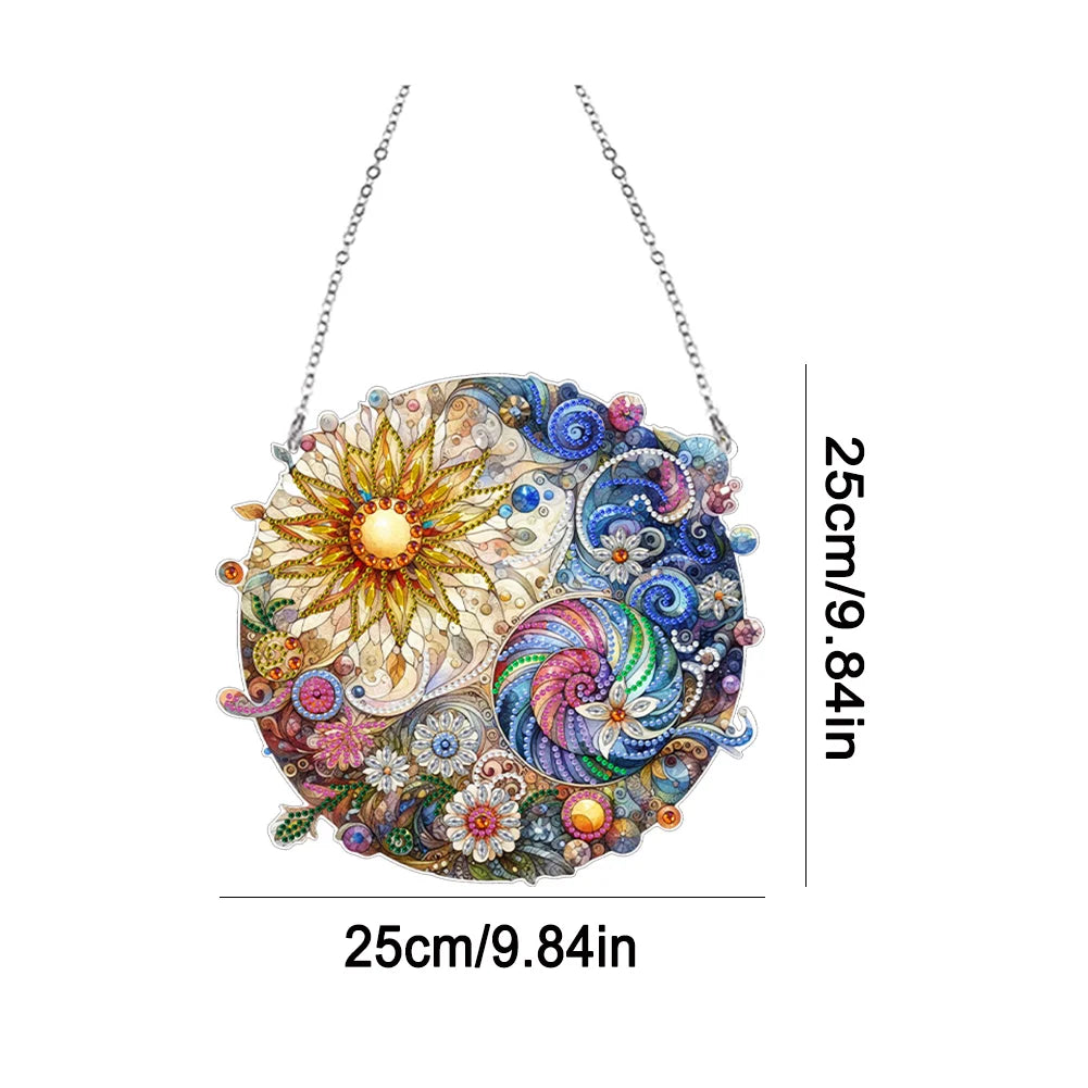 Suncatcher Diamond Painting Art Pendant Owl and Flower Diamond Art Hanging Stained Glass